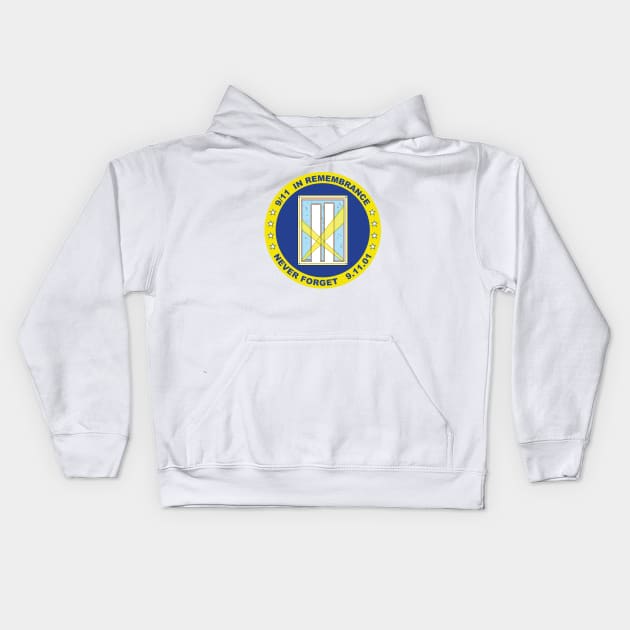 9/11 in Remembrance,  Never Forget, 9.11.01 in Dark Blue and Yellow Kids Hoodie by Neil Feigeles